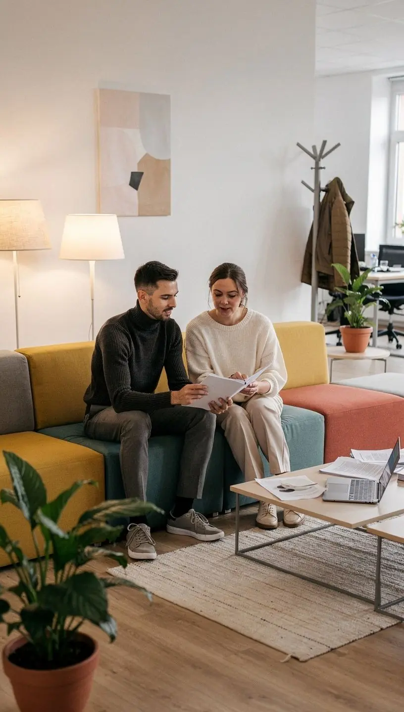 Gaisīgs darba stūris ar ergonomiskām krēslām un pielāgojamu galdu.