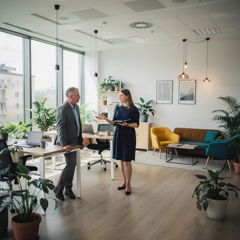 Komfortabla darba vieta ar dabīgu apgaismojumu un zaļumiem.