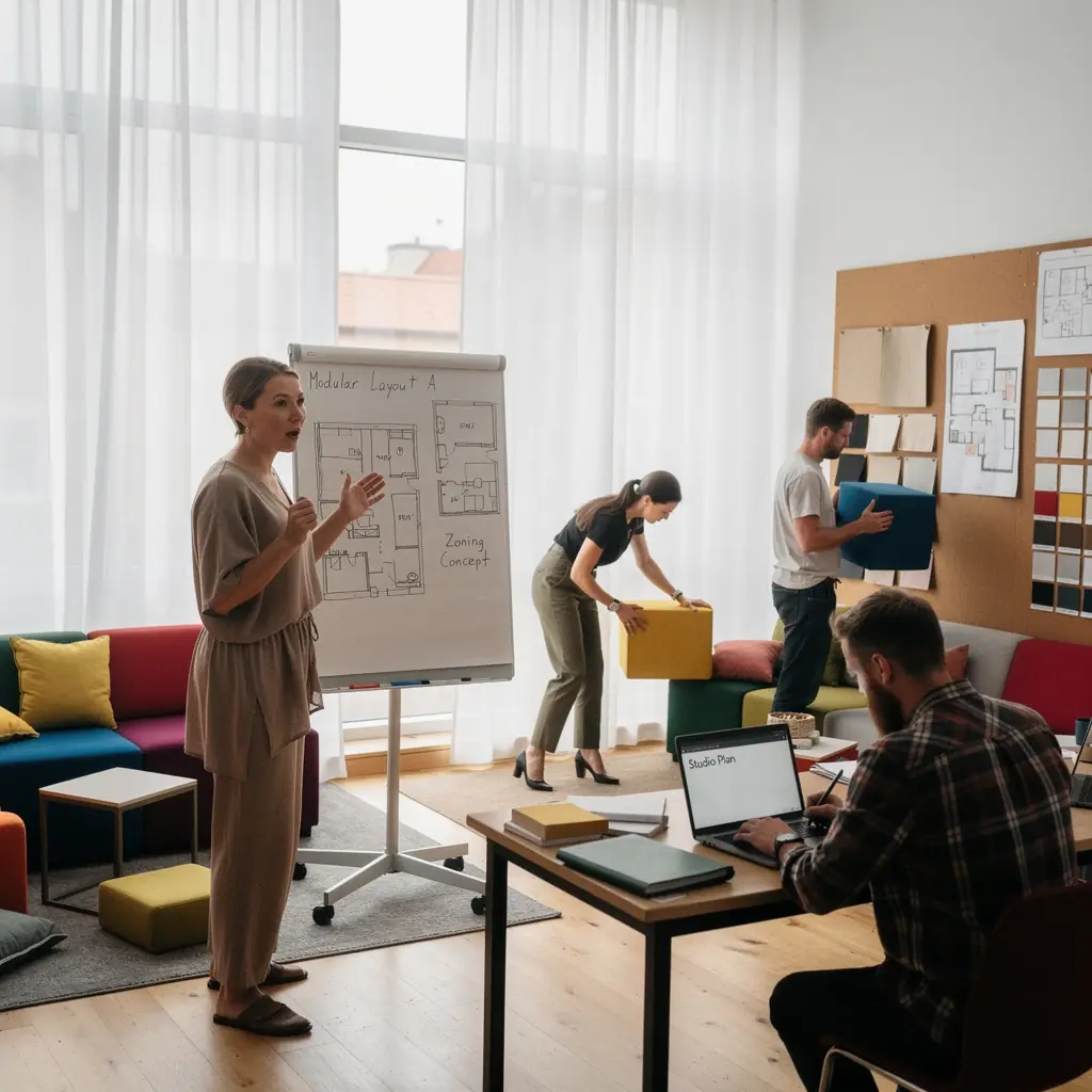 Modulāras mēbeles, kas viegli pielāgojamas dažādām darba vajadzībām.